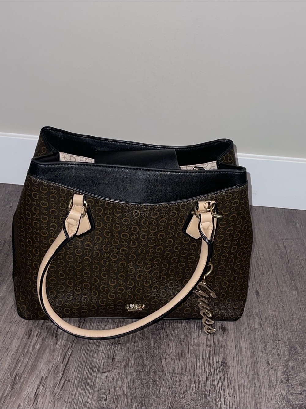 Guess Brown Signature Monogram Shoulder Bag with Cream Handles